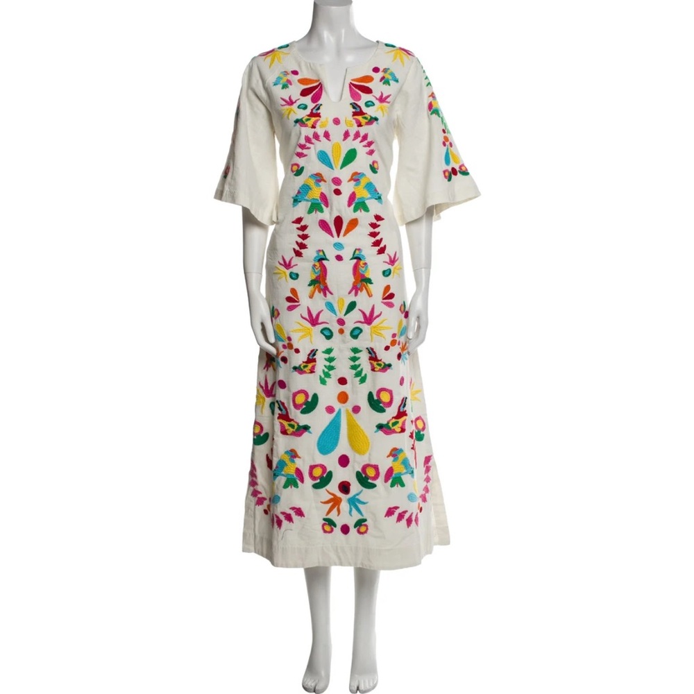 Frances Valentine White Maxi Dress with Multicolor Embroidery